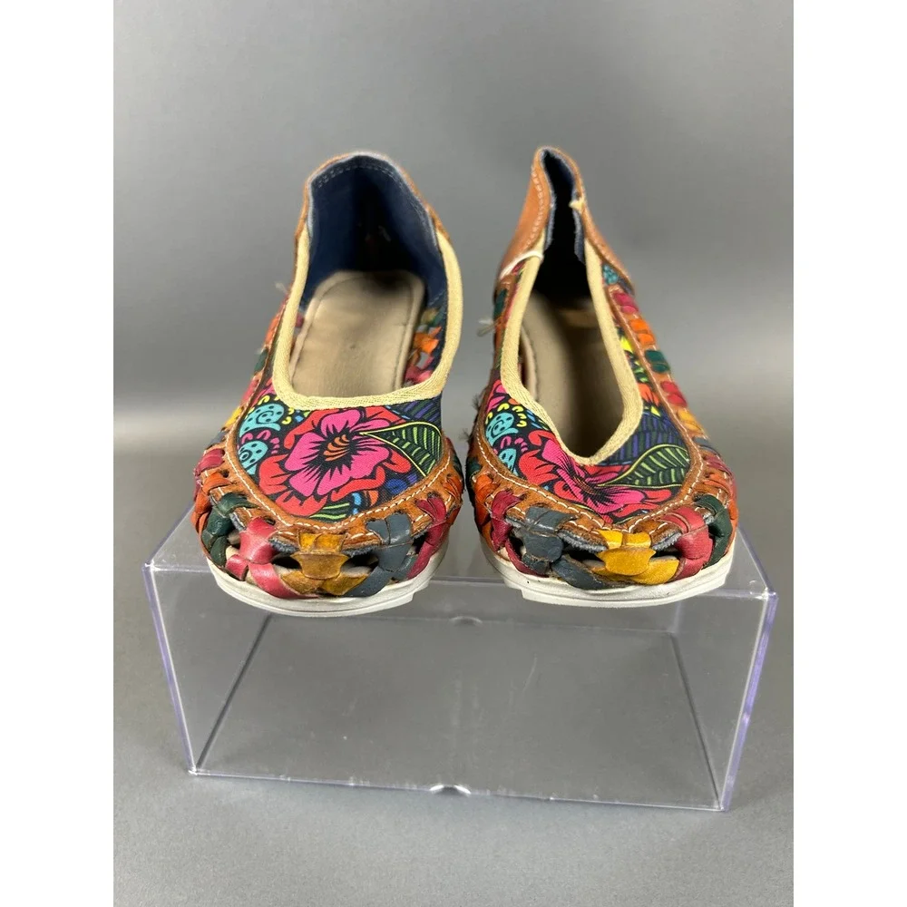 Huarache Wedge Pumps Multi Color Woven Leather Floral Canvas Mexican Boho 23